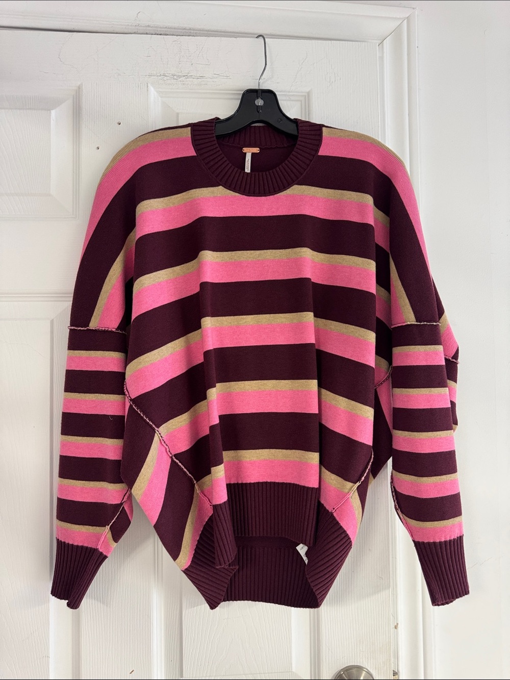 Free People Striped Crewneck Sweater in Burgundy, Pink & Tan